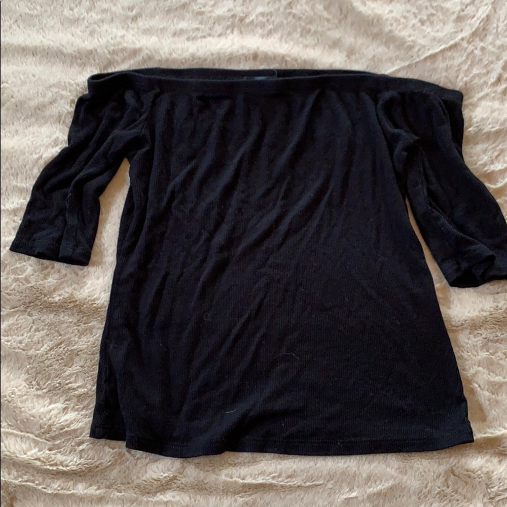 Aqua off the shoulder crop sleeve black top